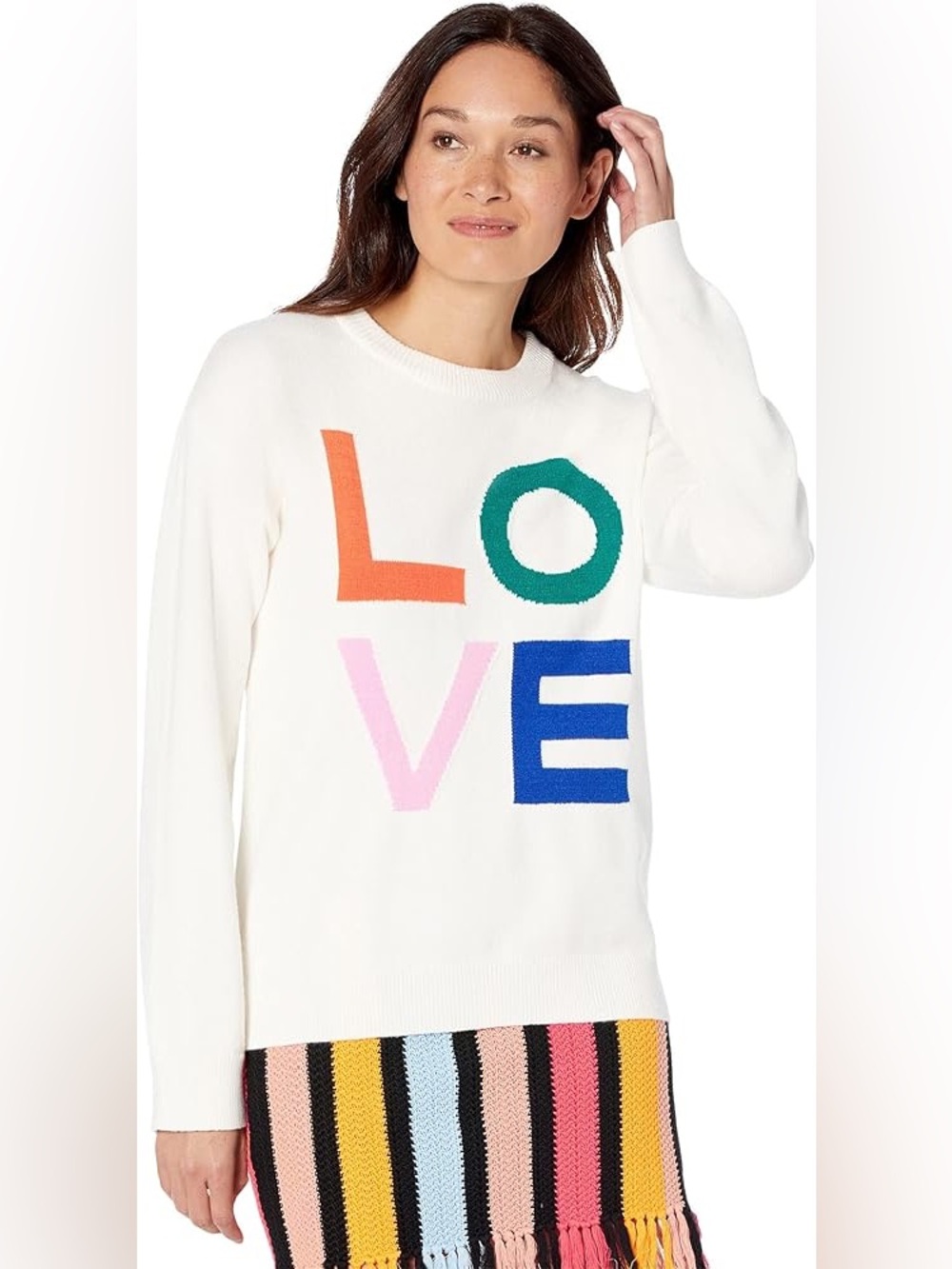 English Factory LOVE Sweater Medium White Graphic Knit Colorful Cozy Pullover